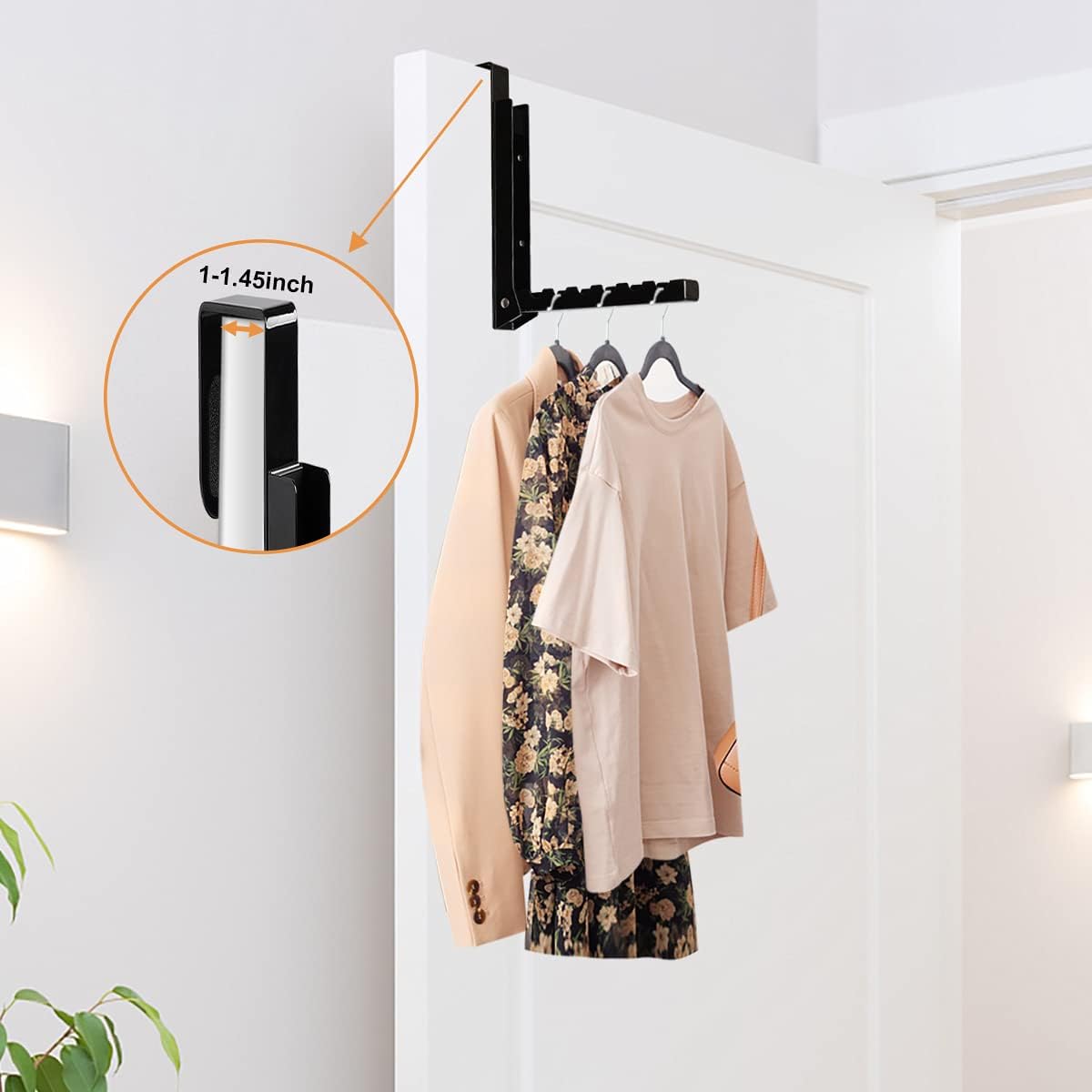 Over Door Hooks - Foldable Laundry Hangers for Clothes, Coats, Towels & Robes - 6 Groves - Behind Door - 2Pcs (Black)