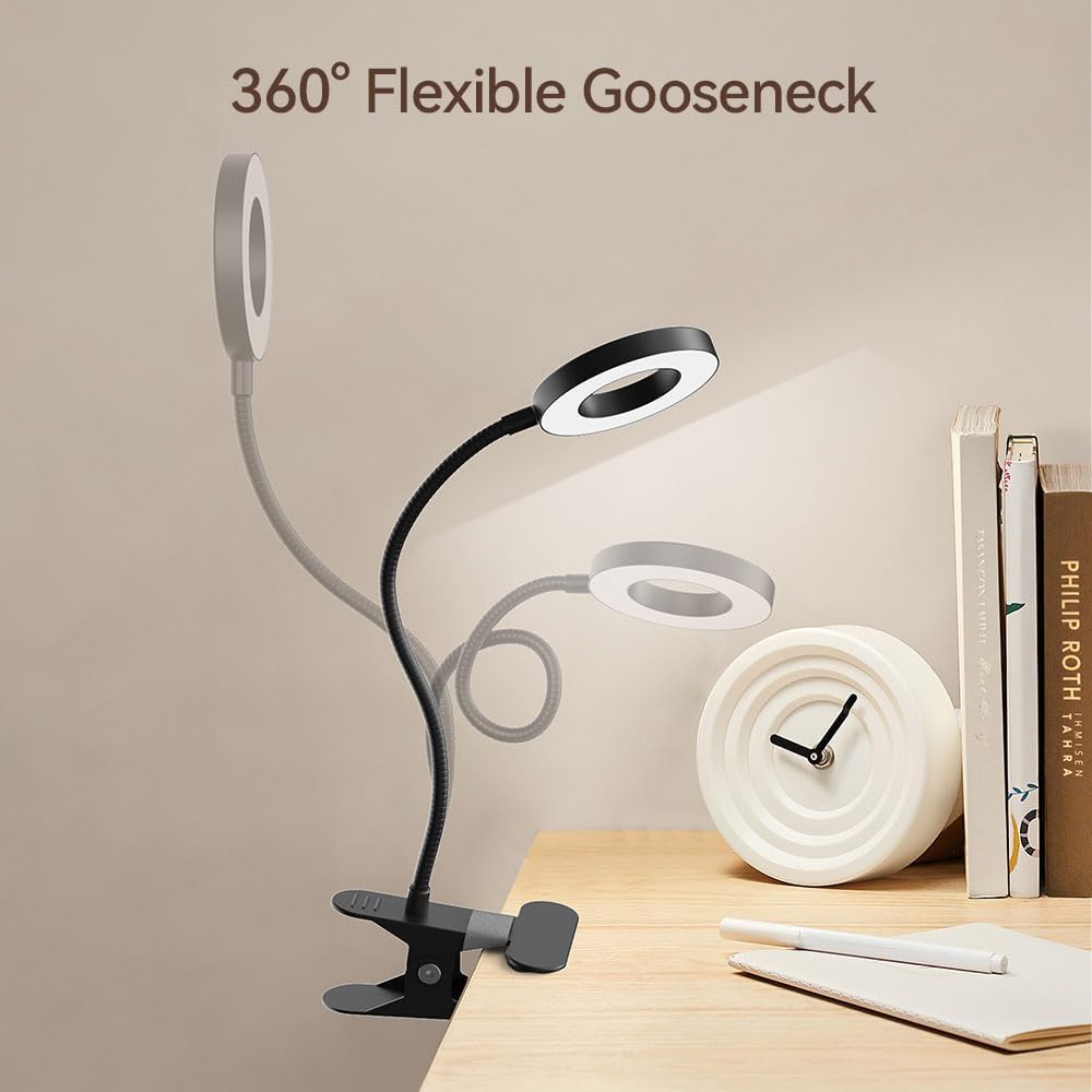 LED Desk Lamp Clip on Light with 3 Color Modes 10 Brightness Ring/Clamp Light 360° Adjustable Neck Dimmable Eye Protection Desk Lamps for Home Office (2 Pack Clip Lamp)