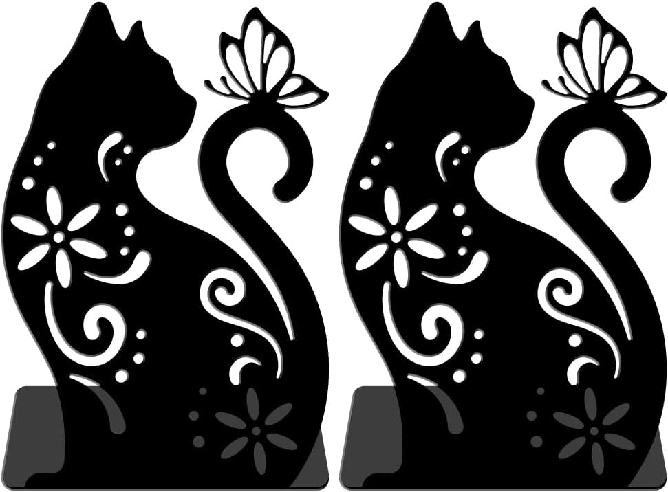 WADORN Cat Flowers Metal Bookends for Shelves Decorative 1 Pair, Animal Heavy Duty Books End Support Non-Skid Book Holder Black L-Shaped Book Stopper for Home Office Desk Book Divider, 4.7x3.5x7 Inch
