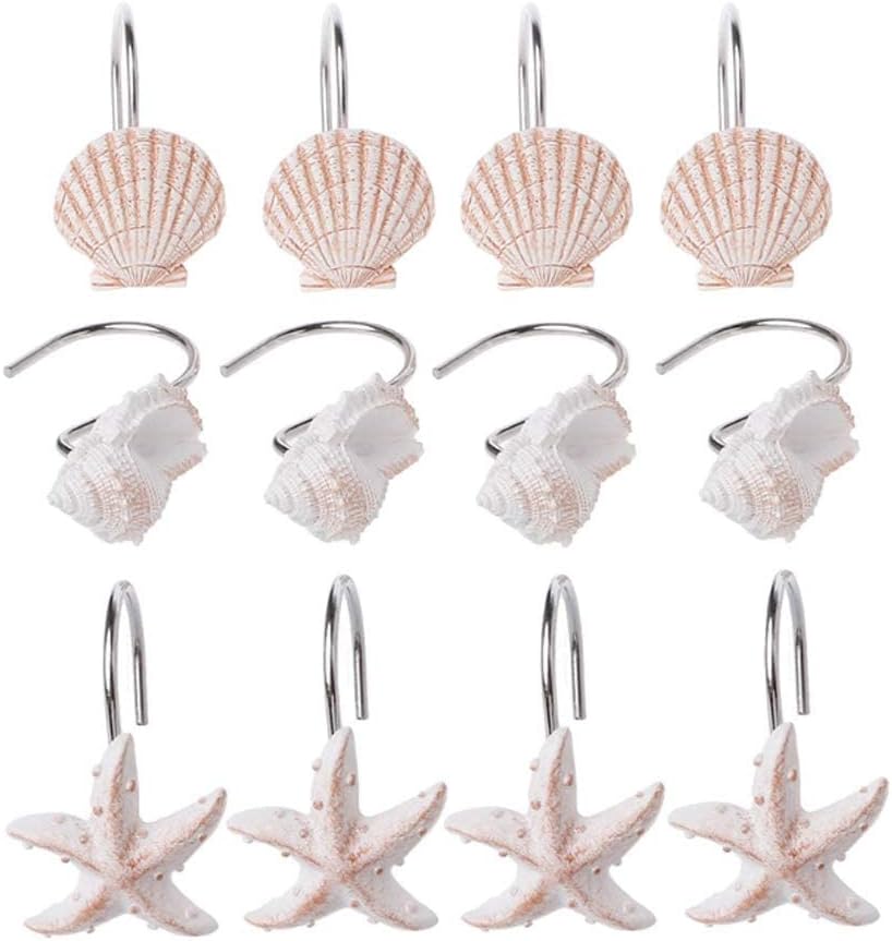 Seashell Shower Curtain Hooks for Bathroom Decorative, 12pcs Anti Rust Decorative Resin Shower Curtain Rings Rods Hooks