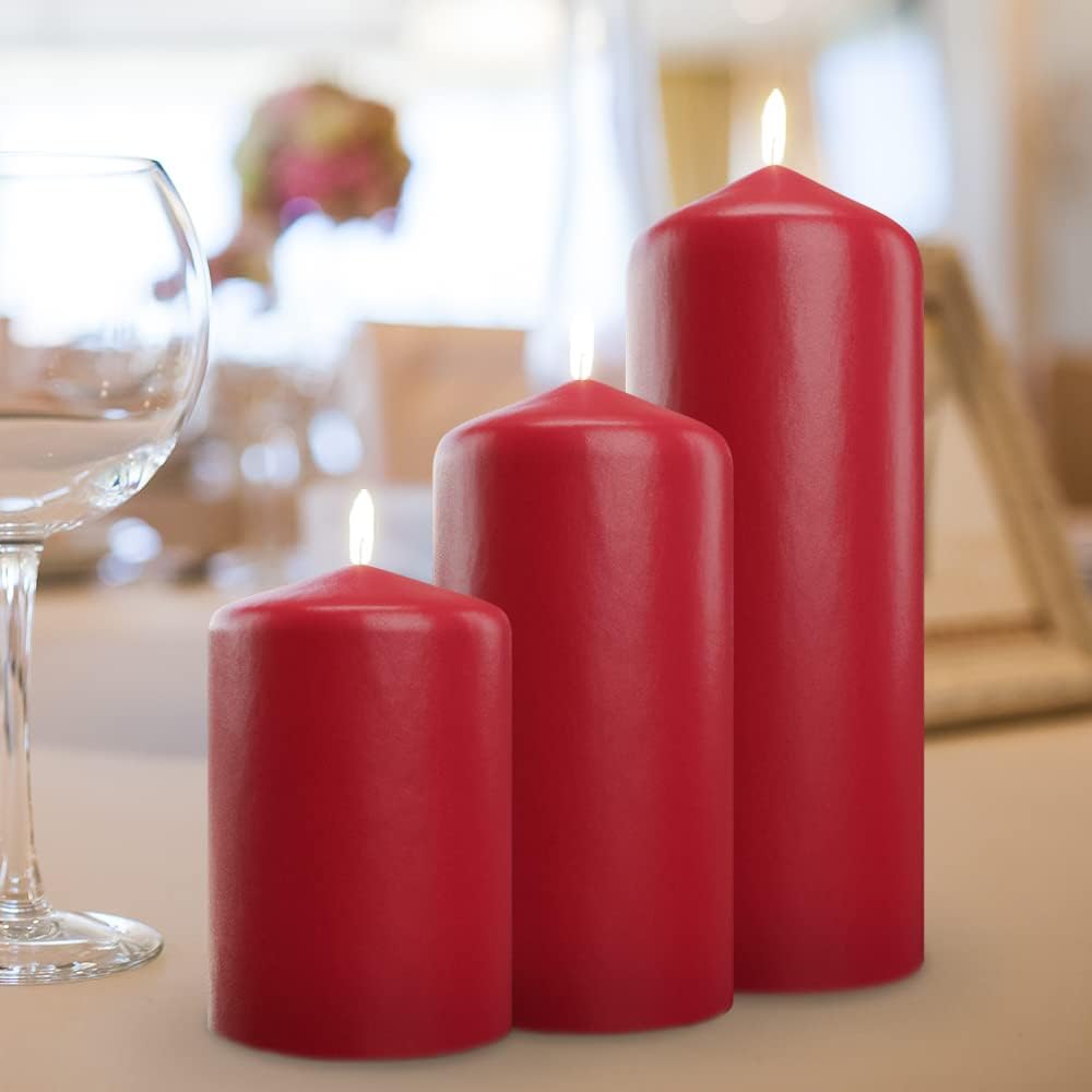 Bask Cone Top Pillar Candles - Elegant Red Candles - Set of 3 Red Pillar Candles - 3"x4", 3"x6", and 3" x8 - Smokeless and Dripless Decorative Candles for Home Decor and Relaxation