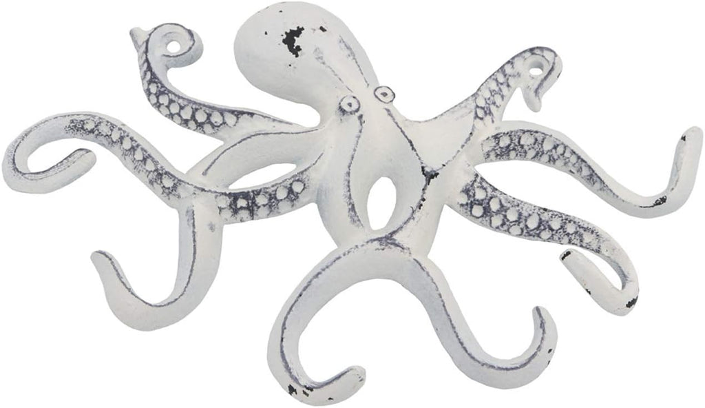 Octopus Keys Hook, Decorative Wall Mounted Nautical Wall Rack, Antique Key Holder Hook, Cast Aluminum Hanger for Hand Towel, Bathrobe, Jacket, Bedroom, Bathroom, Kitchen & Balcony (Distressed White)