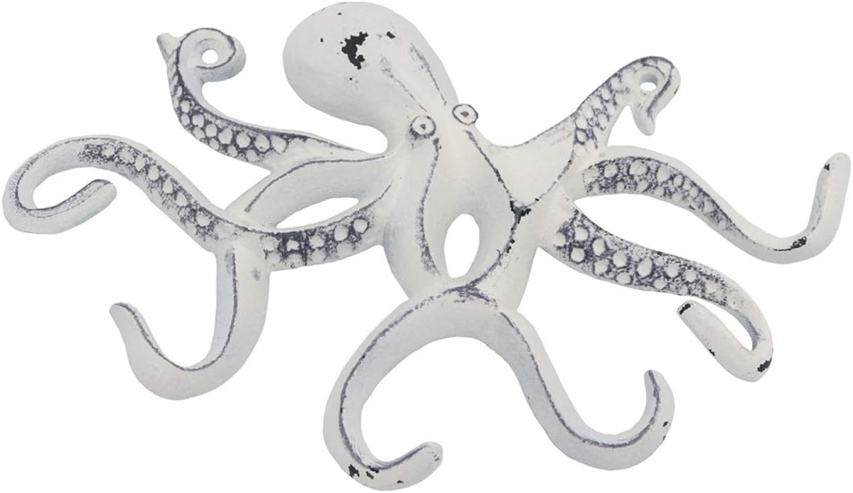 Octopus Keys Hook, Decorative Wall Mounted Nautical Wall Rack, Antique Key Holder Hook, Cast Aluminum Hanger for Hand Towel, Bathrobe, Jacket, Bedroom, Bathroom, Kitchen & Balcony (Distressed White)