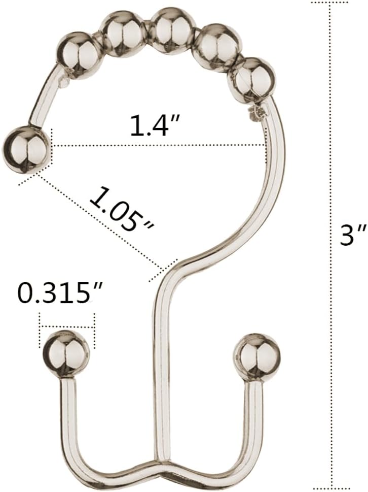 DAWNER Shower Curtain Hooks, Rust Proof Metal Easy Glide Double Rings, Stainless Steel Hangers for Bathroom Curtains, Set of 12, Brushed Nickel (Pack of 3)