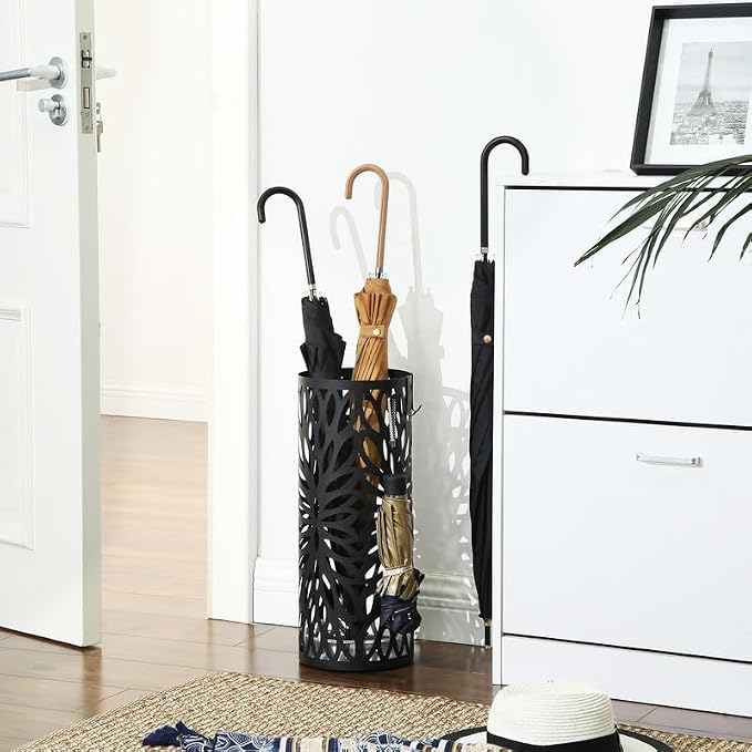 SONGMICS Umbrella Stand, Steel Round, Detachable Drip Tray, 4 Hooks