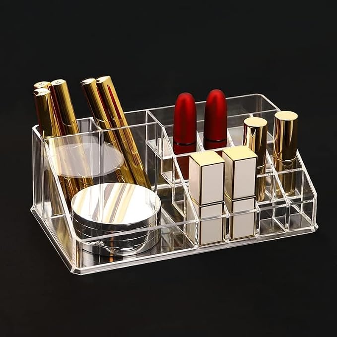 Acrylic Makeup Organizer Cosmetic Storage Makeup Display Case Makeup Brush Holder Lipstick Dispenser Canister Bathroom Container (8.7x 5 x 3.2 in, 16 Partitions, Transparent)