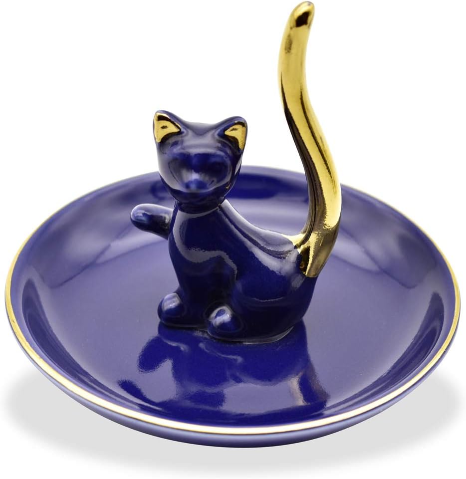 Lucky Kitten Ring Holder Jewelry Dish Organizer, Engagement Wedding Gifts, Boutique Royal Blue Decorative Jewelry Holder