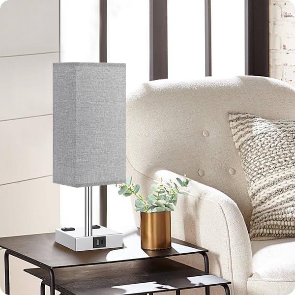 Light Grey Touch Lamps Set for Bedroom - Dimmable, USB C+A, 2 AC Outlets