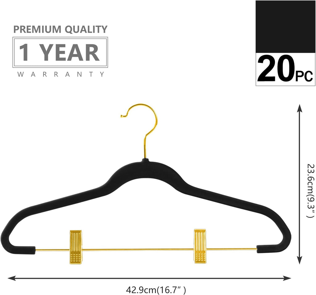 MIZGI Premium Velvet Pants Hangers with Adjustable Clips (Pack of 20) Slim Skirt Hangers- Non Slip Felt Outfit Dress Hangers Black - Gold Hooks,Space Saving Shirt Clothes Hangers