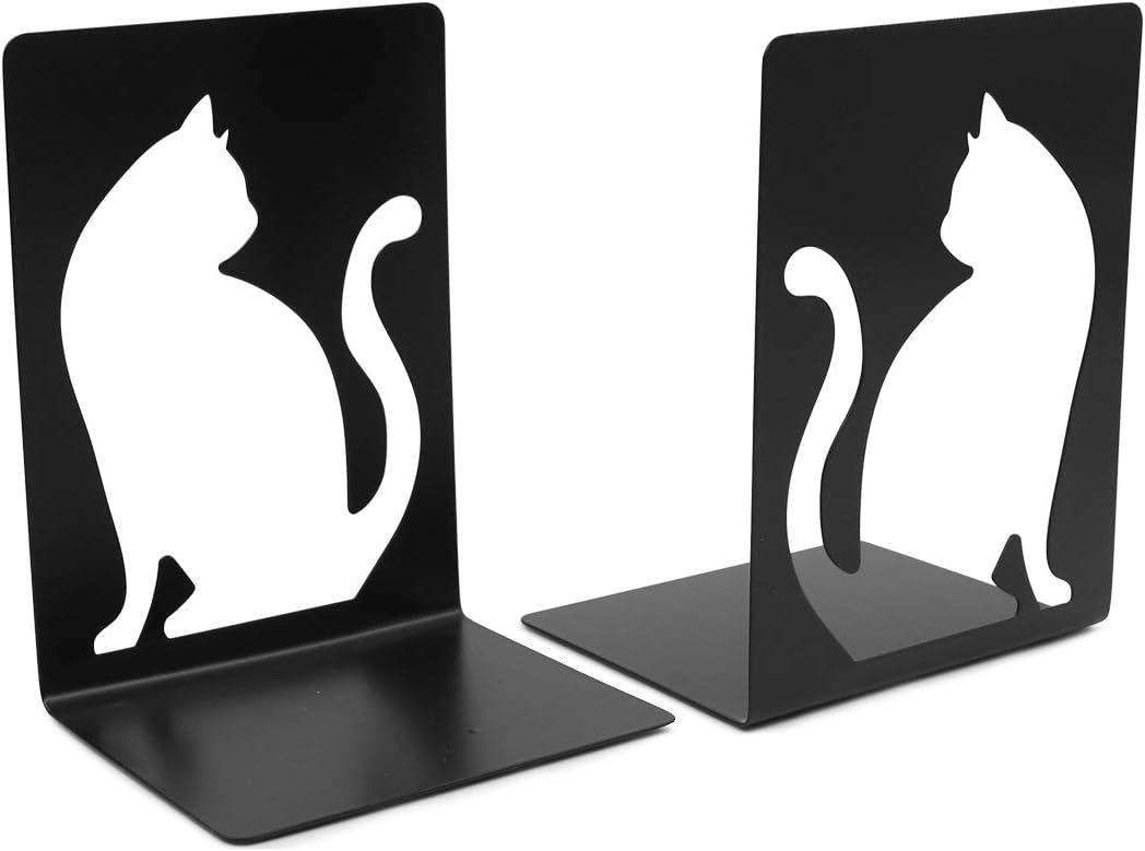 Unique Hollow Out Design Cat Bookends Student Book Ends Metal Office Desk School Library Decoration Bookshelf Book Organizer for Christmas Birthday Gift