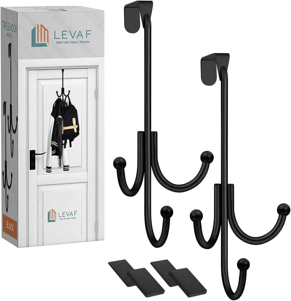 2-Pack Over The Door Hook - with 3 Hang Heads & Snug Fit Pads- 2Pcs Heavy Duty Hooks for Hanging Coats, Towels, Caps & Robes - Elegant Matt Finish - No Drill Hanger Organizer - Black
