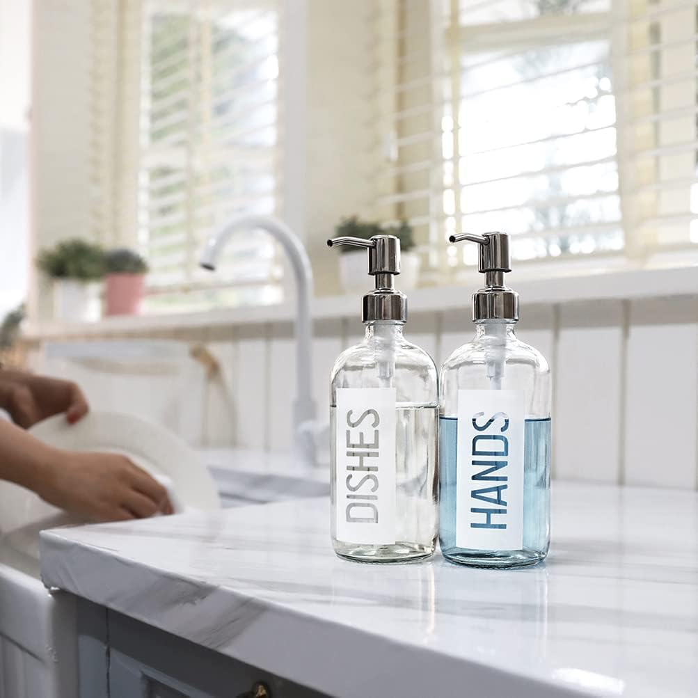 JASAI 2Pack 18OZ Glass Soap Dispenser with Hands & Dishes Printed Label.