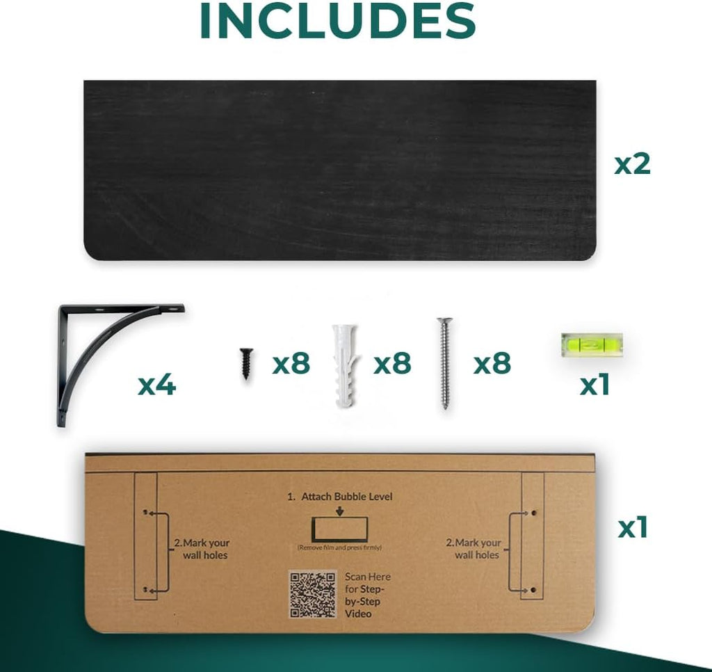 Reinforced Steel Bracket Black Shelves for Bathroom Wall - Easy to Install, Template and Video Included - Black Shelf for Bedroom, Long Wood Wall Shelves, Book Shelf