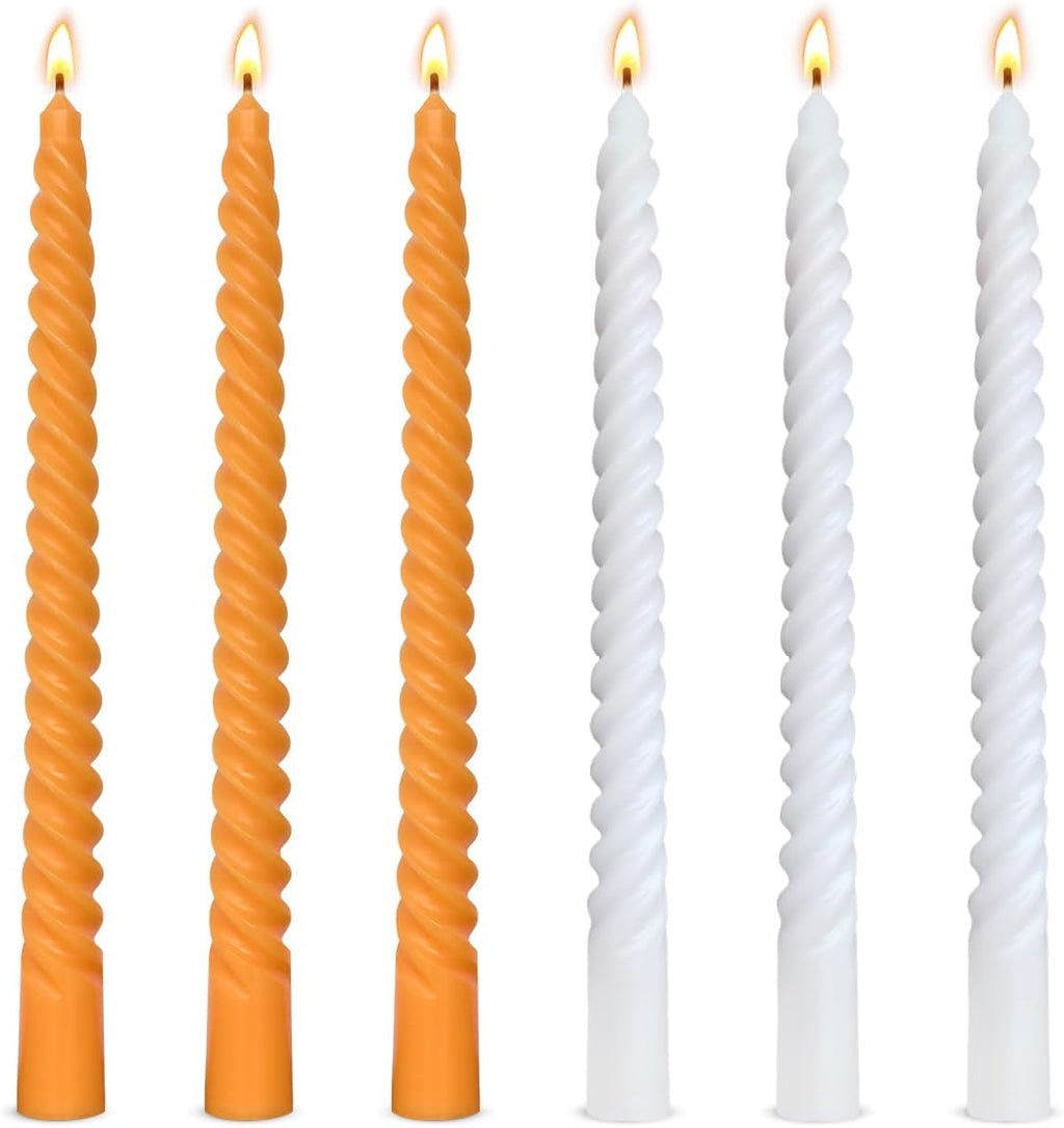 10 Inch 3 White and 3 Orange Spiral Taper Candle Set, Unscented Dripless Candlesticks for Fall Harvest Halloween Thanksginving, Holiday Décor, and Festive Dinners