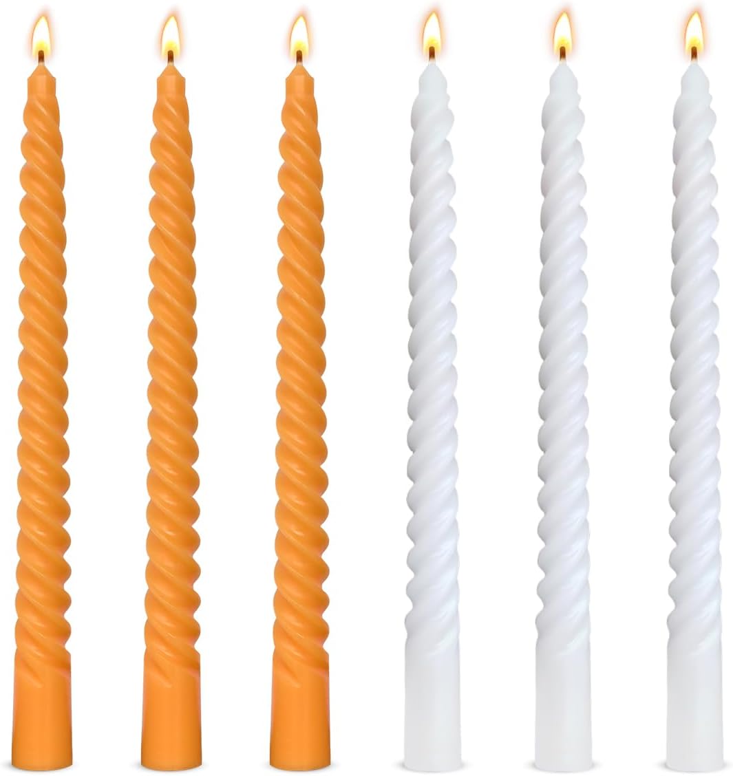 10 Inch 3 White and 3 Orange Spiral Taper Candle Set, Unscented Dripless Candlesticks for Fall Harvest Halloween Thanksginving, Holiday Décor, and Festive Dinners