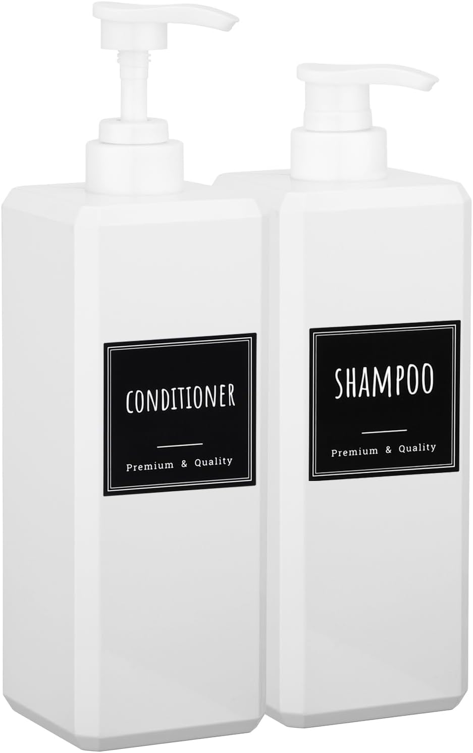 Segbeauty 33.8oz Plastic Soap Dispenser Bathroom, 2pcs Sqaure Body Wash Container Empty, 1000ml White Leakproof Hand Soap Dispenser, Large Pump Bottles for Shampoo and Conditioner with Labels