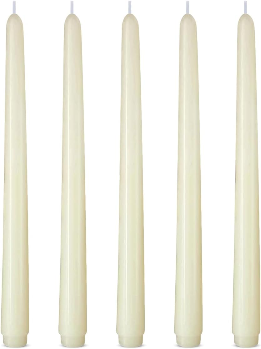 Set of 5 Ivory Taper Candles, Unscented 10 Inch Tall Skinny Wax Solid Colored Candlesticks for Home Wedding Party Dinner Table Decor, 8 Hour Burn Time