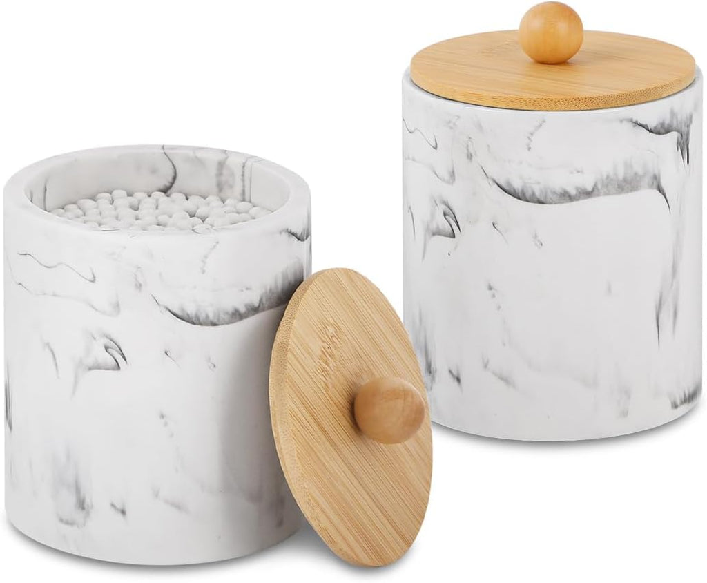 Bathroom Qtips Jars with Lid,Vanity Cotton Swab Holder,Resin Apothecary Dispenser Container,Marble Makeup Sponges Canister,Bath Salts Storage Organizer Box (Marble White with Bamboo Lid of 2)