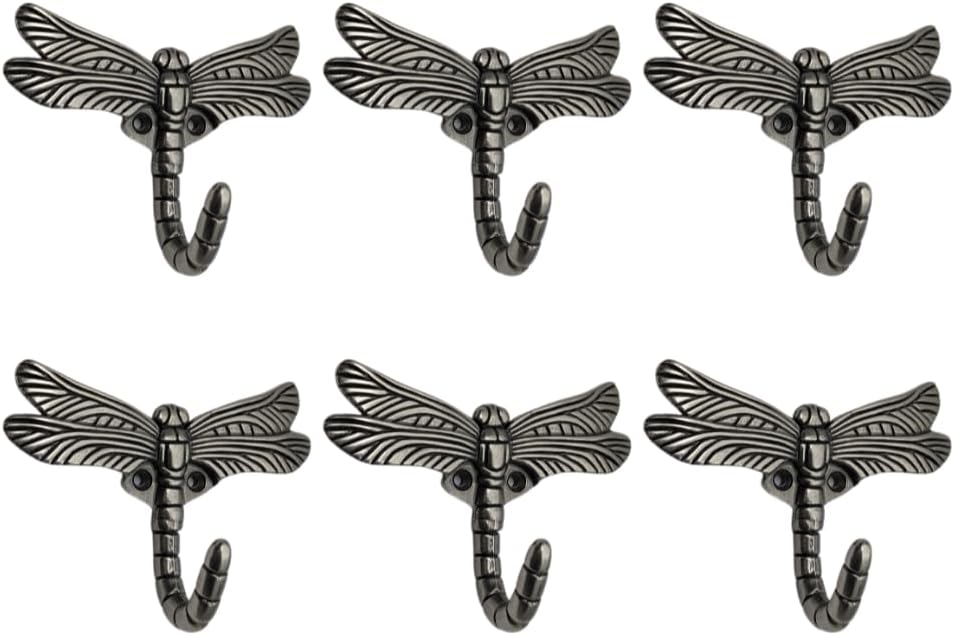 6 pcs Antique Silver Dragonfly Decorative Wall Hooks for Hanging Coats, Keys, Towels, Bags, and More