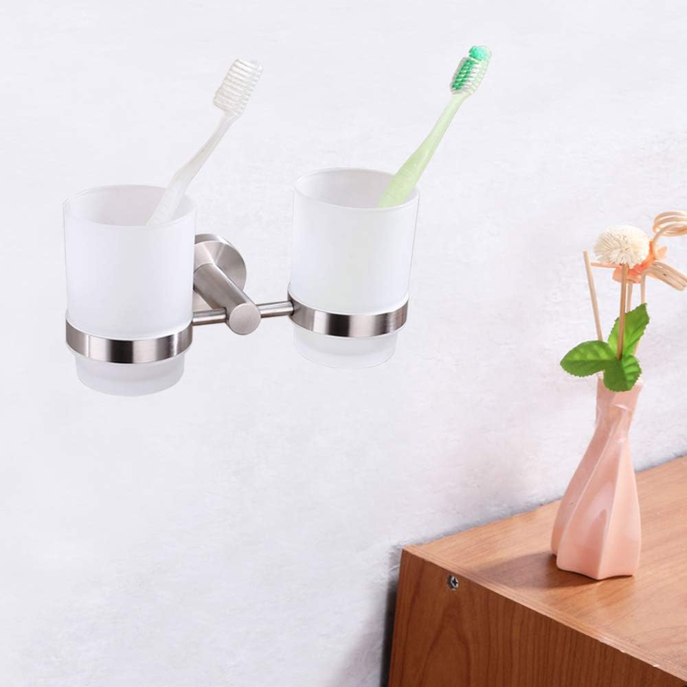 Angle Simple Double Toothbrush Holder Brushed Nickel, 2 Frosted Glass Cups