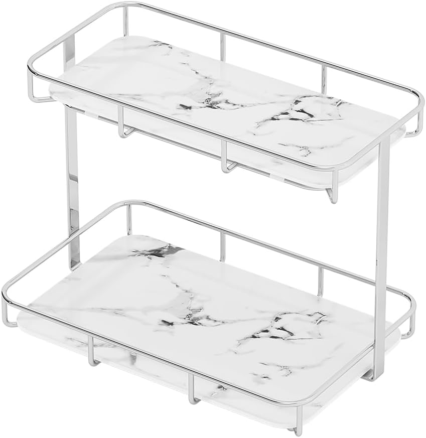 Bathroom Organizer Countertop Perfume Organizer Makeup Organizer Cosmetics Storage Display Rack Vanity Tray Dresser Stainless Steel Gold Shelf White Marble Ceramic Tray (2 Tier L-Sliver)