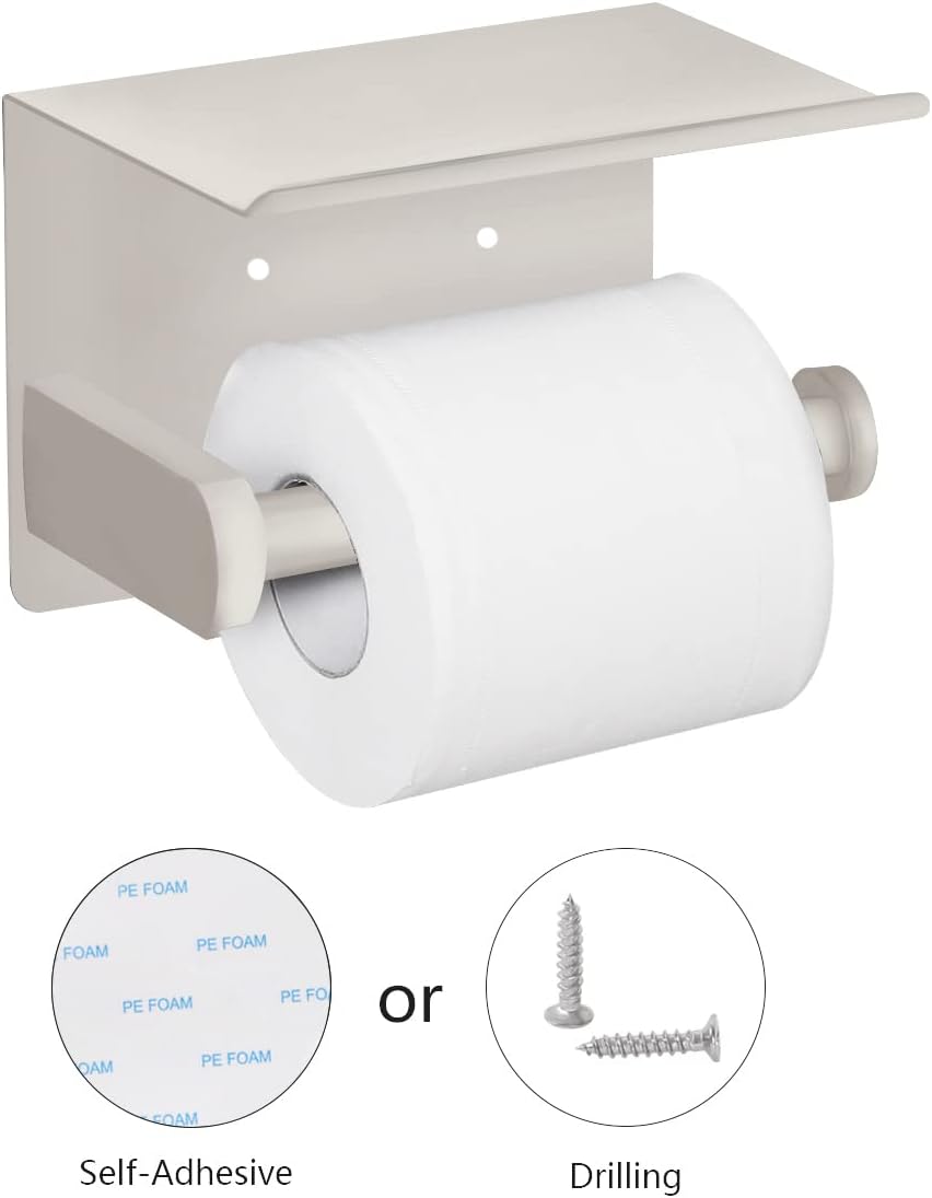 VAEHOLD Self Adhesive Toilet Paper Holder with Phone Shelf SUS 304 Stainless Steel Wall Mounted Toilet Paper Roll Holder - Rustproof and Bathroom Washroom Tissue Roll Holder with Shelf -Beige
