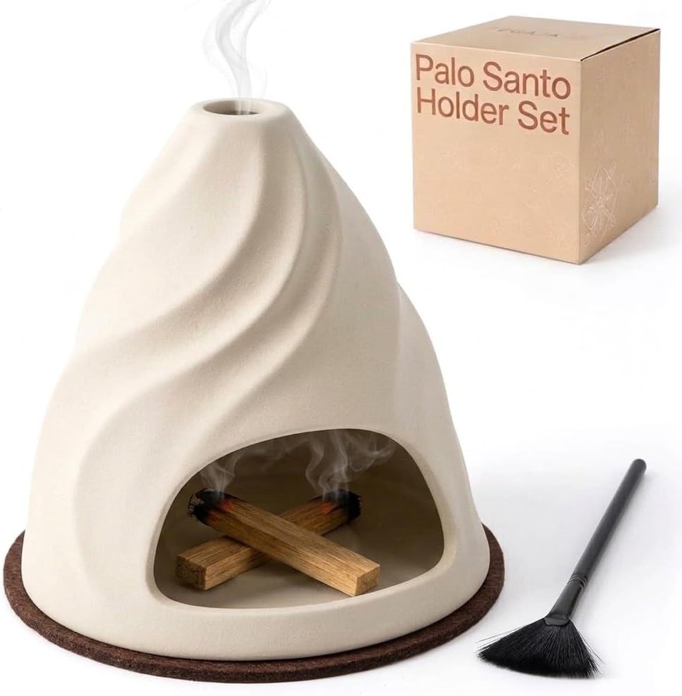 Palo Santo Holder, Ceramic Dune-Inspired Tactile Burner with Felt Pad and Fan Brush, Multi-Use Incense Holder for Palo Santo Sticks and Smudge Sage, Meditation and Home Decor -Cream
