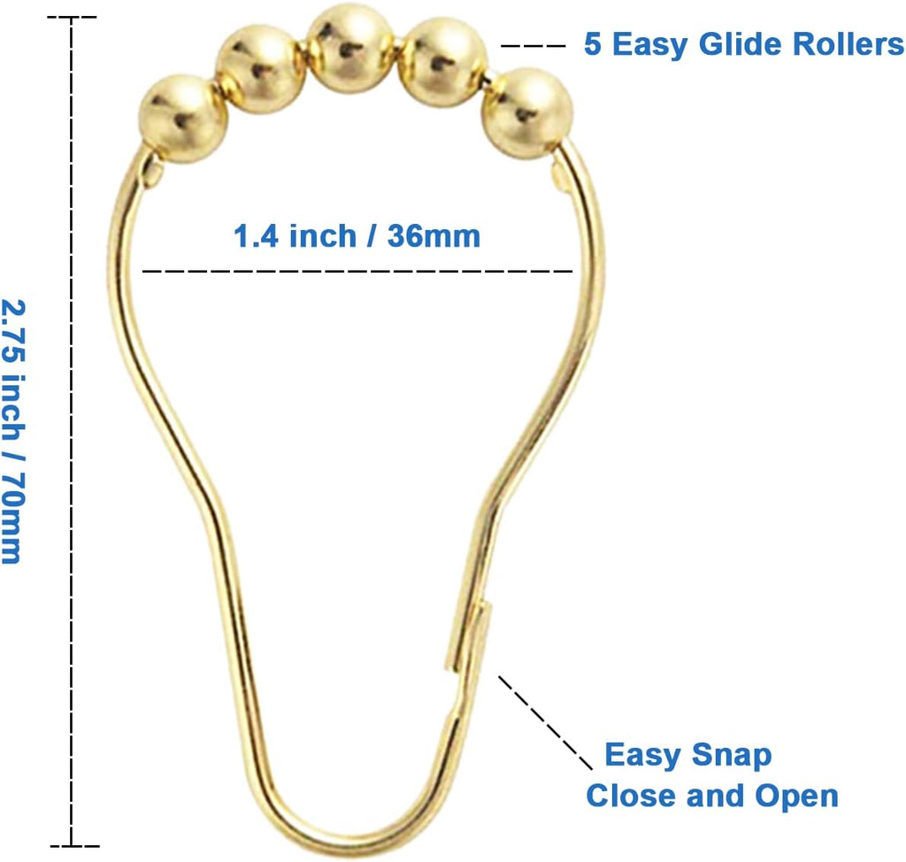 Shower Curtain Hooks Rings, Rustproof Metal Shower Curtain Rings for Bathroom Shower Rods Curtains - Set of 12, Golden