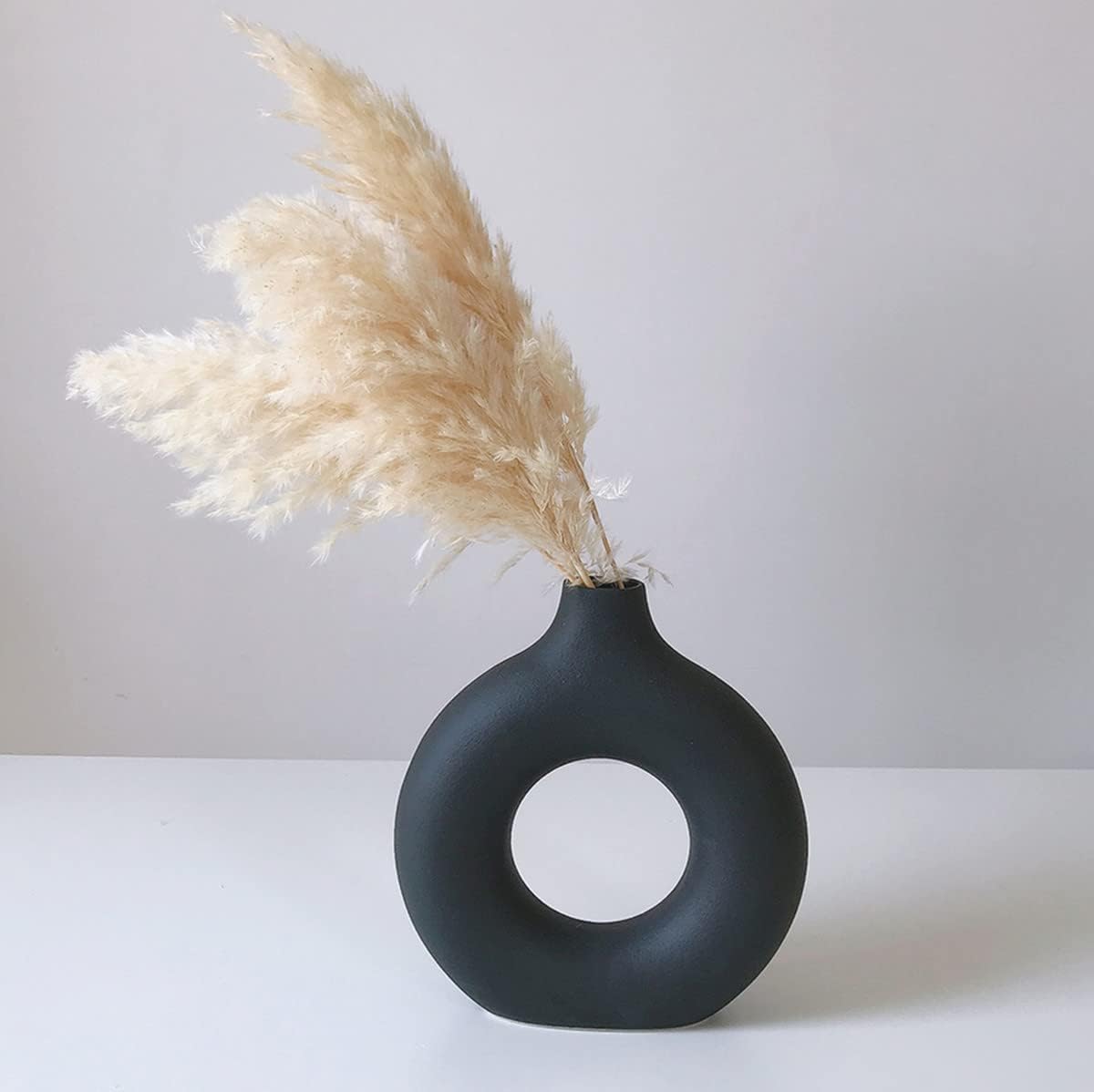 White Ceramic Vases for Pampas Grass,Water Drop Design Doughnut vase Modern Home Decor Minimalist Nordic Boho Ins Style (Black Medium)