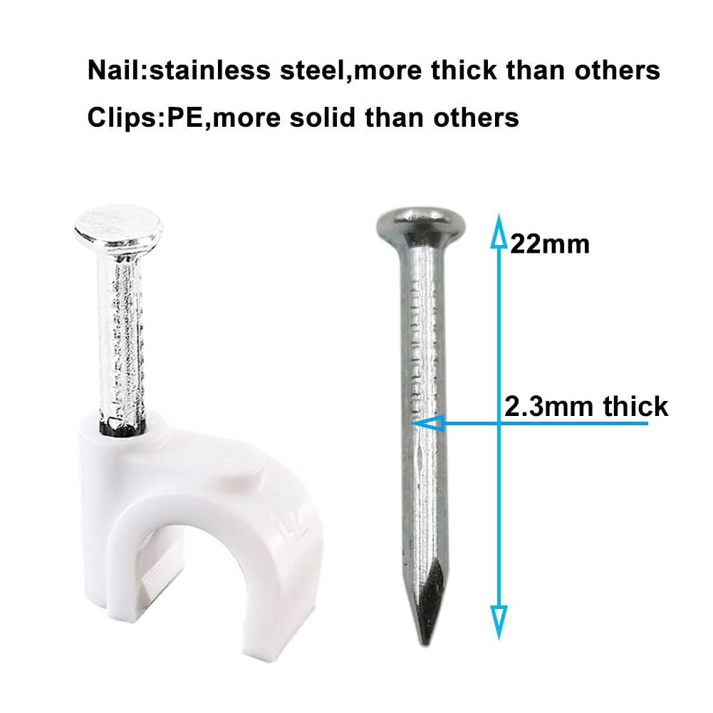 HS Cable Clips 8mm with Steel Nail 200 Pieces White,Ethernet Management U Shaped Wire Cord Staples Hooks for Outdoor Wall,Coax Cat7 RG8 Cable Extension Fasteners