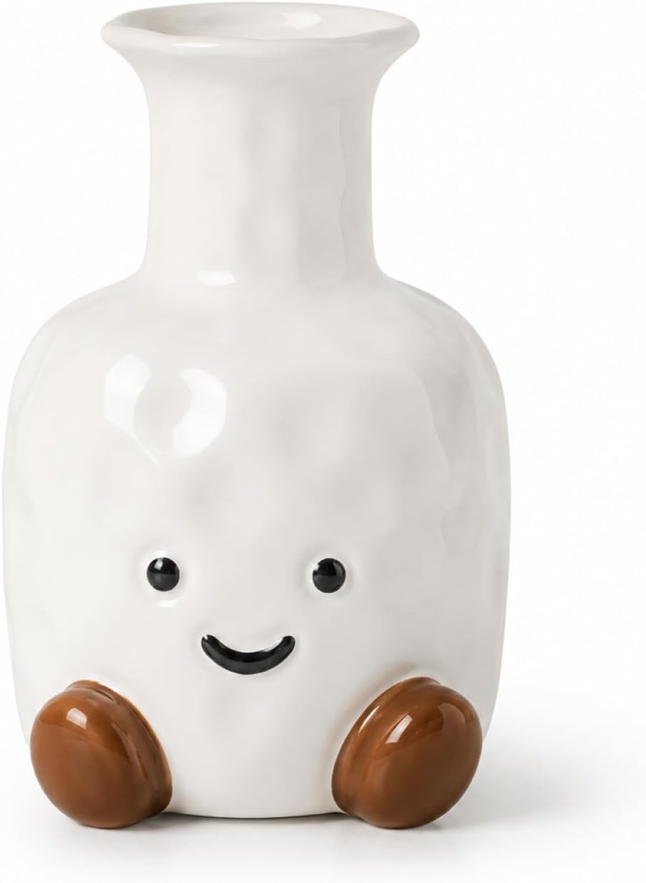 Cute Flower Vase, White Ceramic Smiley Face Vase for Home Decor & Gifts