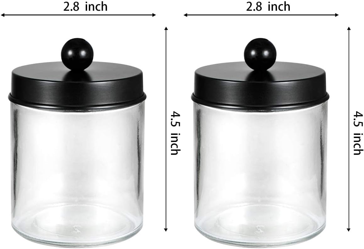 Amolliar Apothecary Jar Qtip Holder w/Metal Lid Glass,Glass, Black 2Pack