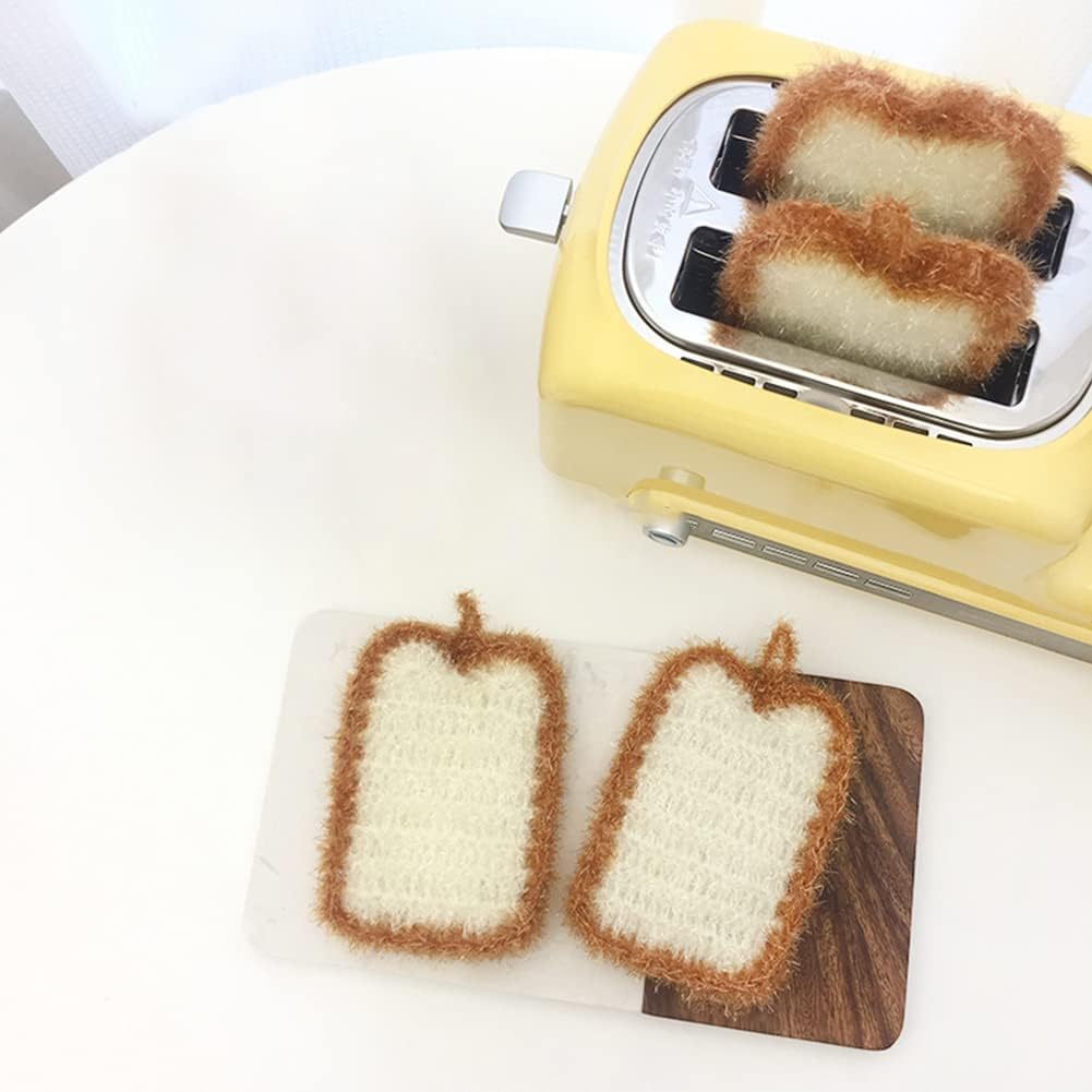 5 Pcs Cute Crochet Scrubbers, Toast Shaped No Odor Non-Scratch Reusable Scrub for Kitchen and Household Use Double Layered Scrubbers Cleaning Wash Sponge