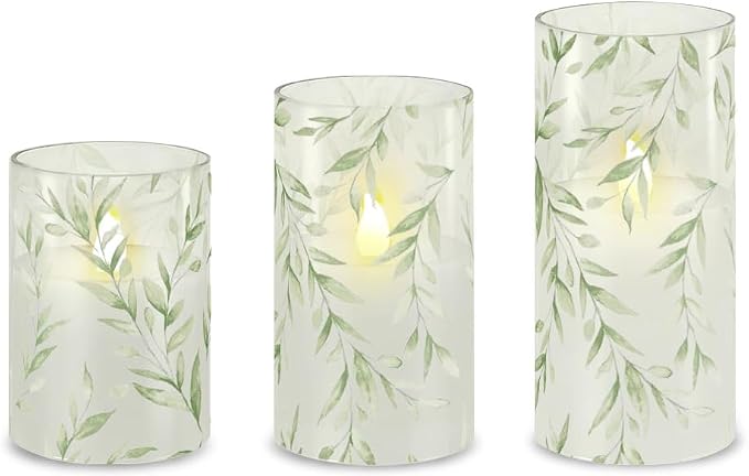 Glass Flameless Candles Green Decor Willow Leaves Vines Greenery Battery Operated LED Pillar Candles for Elegant Home Botanical Decor Special Occasions, Set of 3