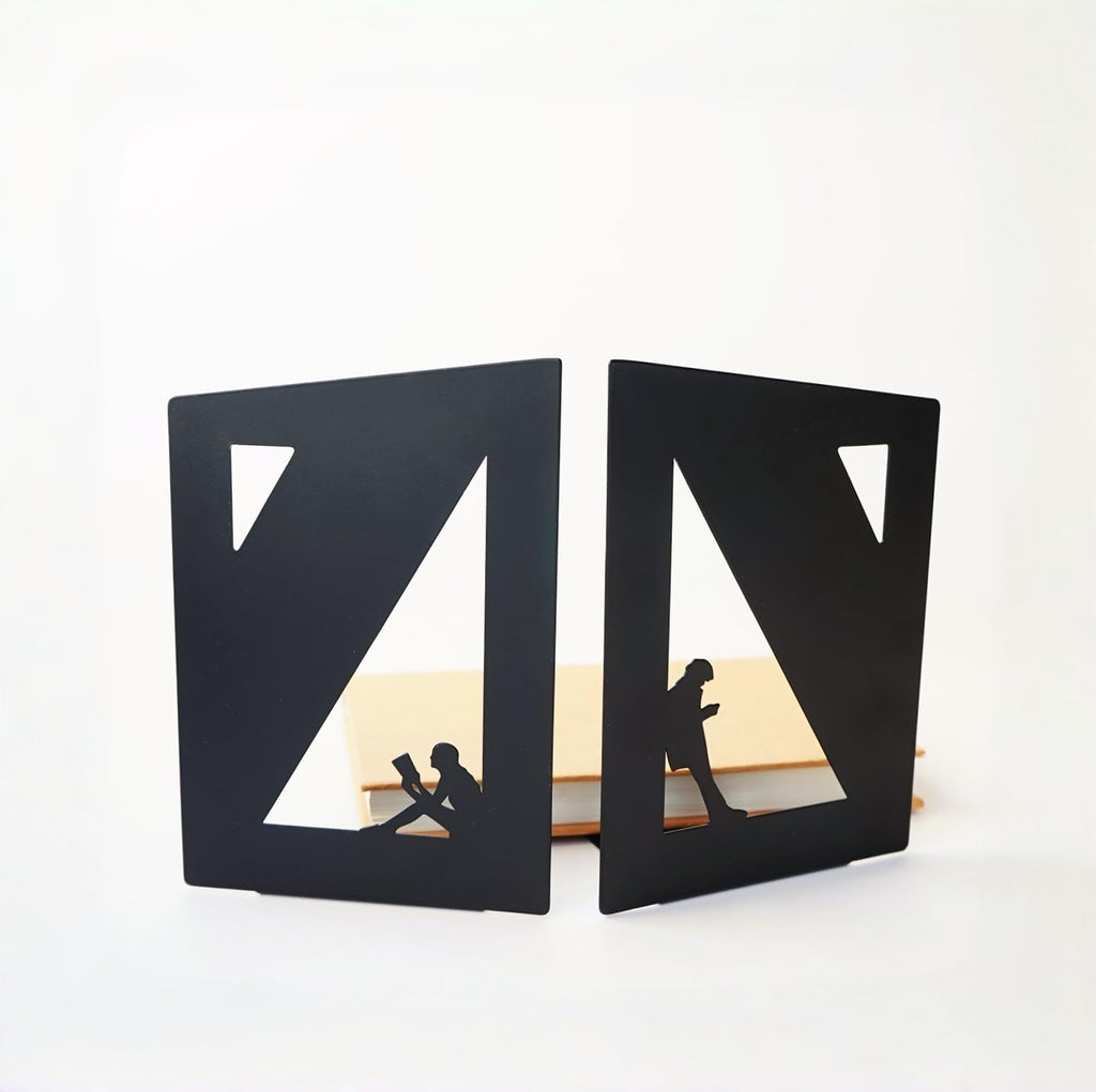 1 Pair 2pcs Reading Couple Metal Black Book Ends to Hold Books, Book Ends for Home Decorative