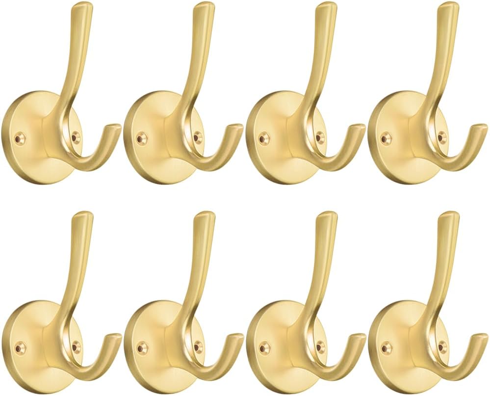 Coat Hooks for Hanging Coat Hooks for Wall Mounted Brass Wall Hooks Heavy Duty Brushed Robe Closet Hooks for Hanging Coats Entryway Metal Towel Hooks for Bathrooms (8, Gold)