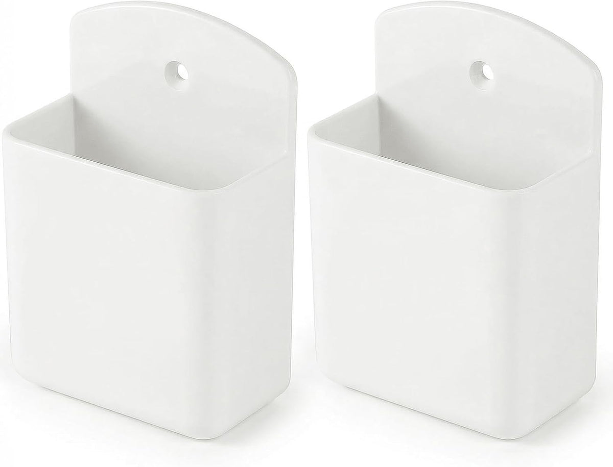 2 Pack White Remote Control Holder, Self adhesive Wall Mount Storage Box for TV and Air Conditioner Remote Controls, Pen Holder Organizers and Accessories for Home Office School