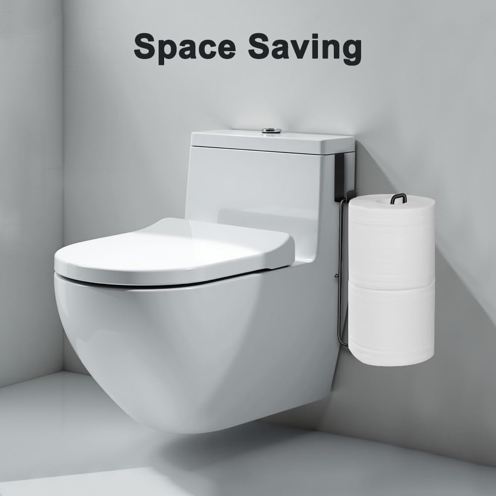Matte Black Extra Toilet Paper Storage for 2 Roll Tissue Over The Tank Toilet Paper Roll Holder Stainless Steel Adhesive Hanging Toilets Tissue Holder Wall Mounted for Bathroom RV Camper(2 Pack)