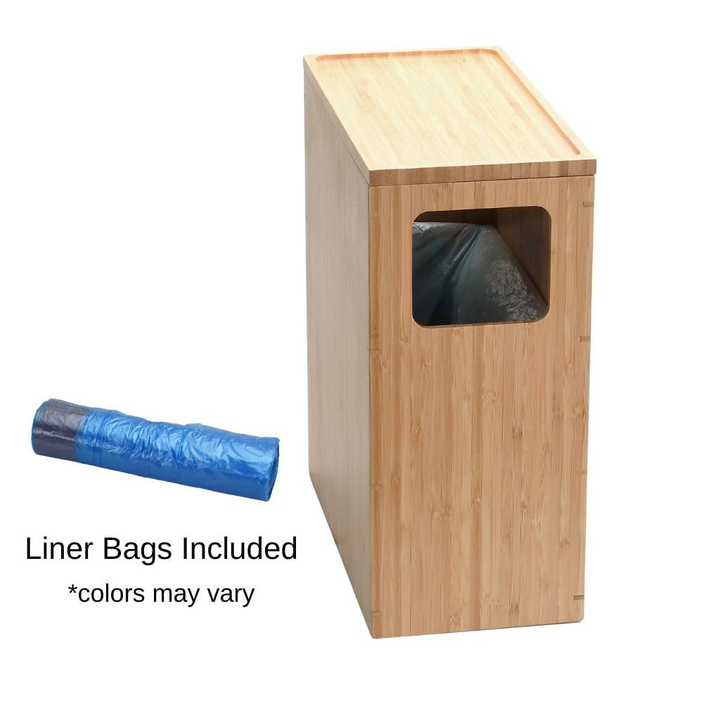 MobileVision Bamboo Slim Trash Can with Lid, Waste Basket for Bathroom, Bedroom, Office, Vanity, Salon or Spa, Small Spaces, Rectangle, Bag Liners Included
