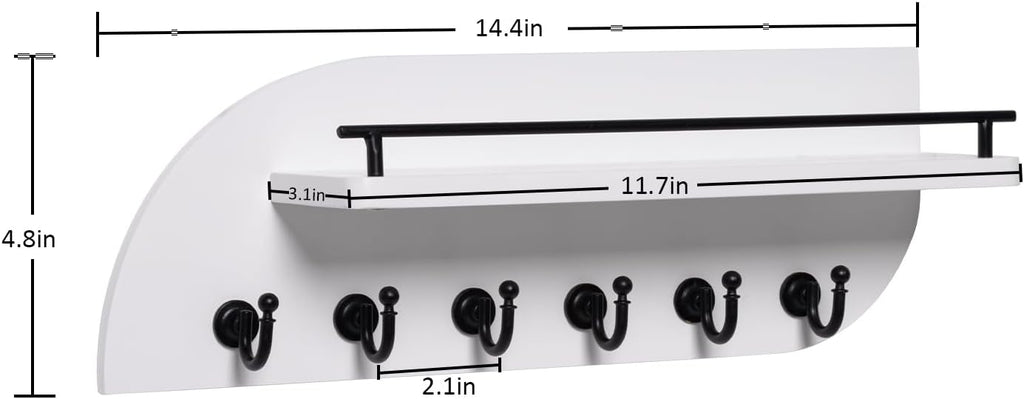 Key Holder for Wall, Decorative Key and Mail Organizer with 6 Sturdy Metal Hooks and Floating Shelf, 14 Inches Wood Wall Mounted Key Rack for Entryway, White and Black