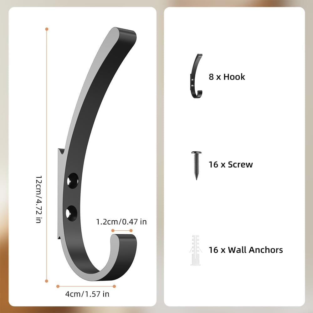 Coat Hooks Wall Mounted, 8Packs Black, Aluminum Metal Heavy Duty Towel Rope Hooks for Screwing Drilling, Bathroom, Kitchen Door