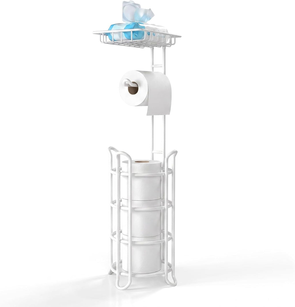 [Upgrade] Toilet Paper Holder Stand Nautical Bathroom Tissue Holders Free Standing with Top Shelf Storage Mega Rolls/Phone/Wipe-Ivory White