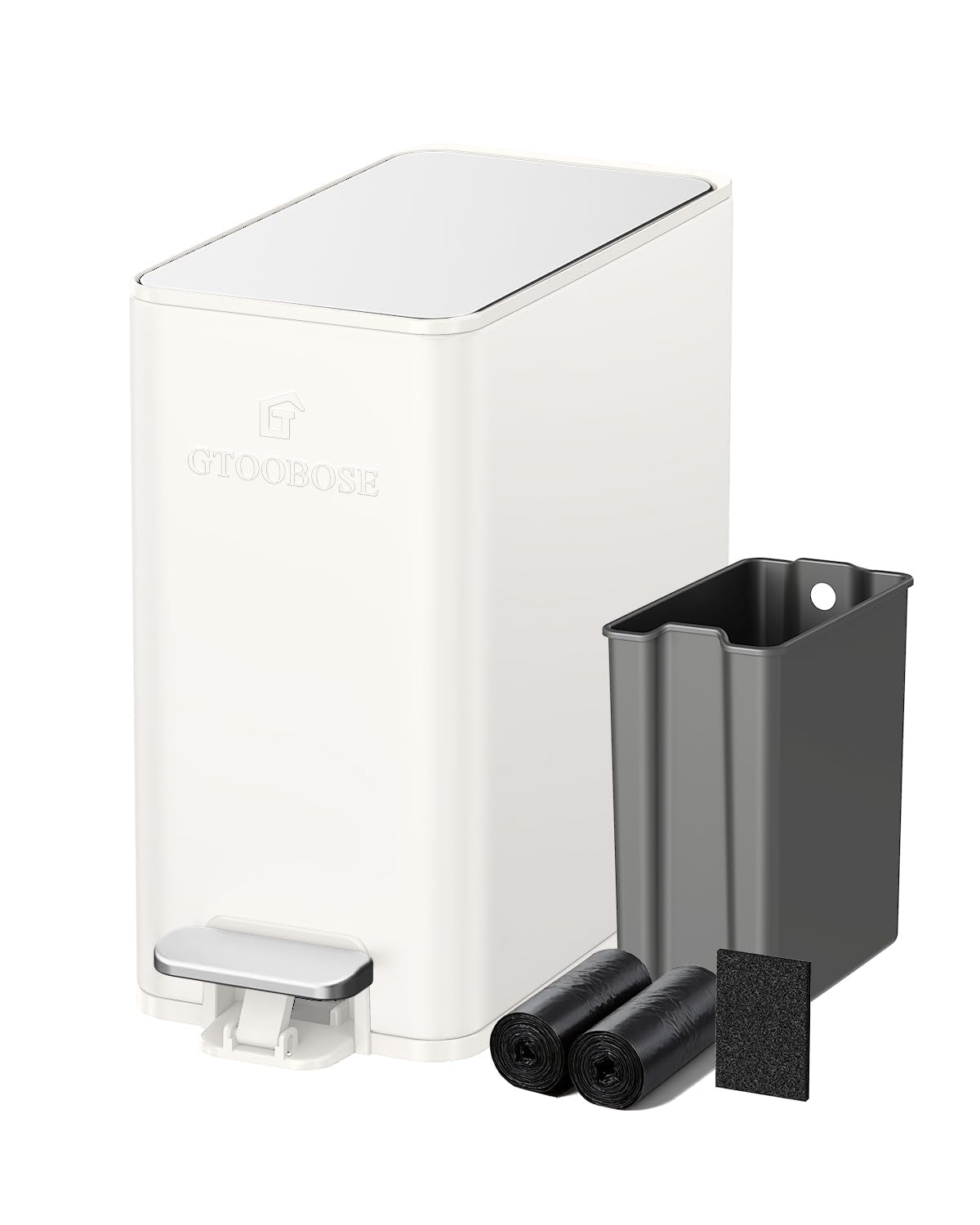 10L/2.6G Slim Bathroom Trash Can, Narrow Stainless Steel Soft-Close Step Pedal Bin with Lid, Odor Control Carbon Box, Removable Inner Bucket, Small Waste Bin for Bedroom, Office, RV (White)