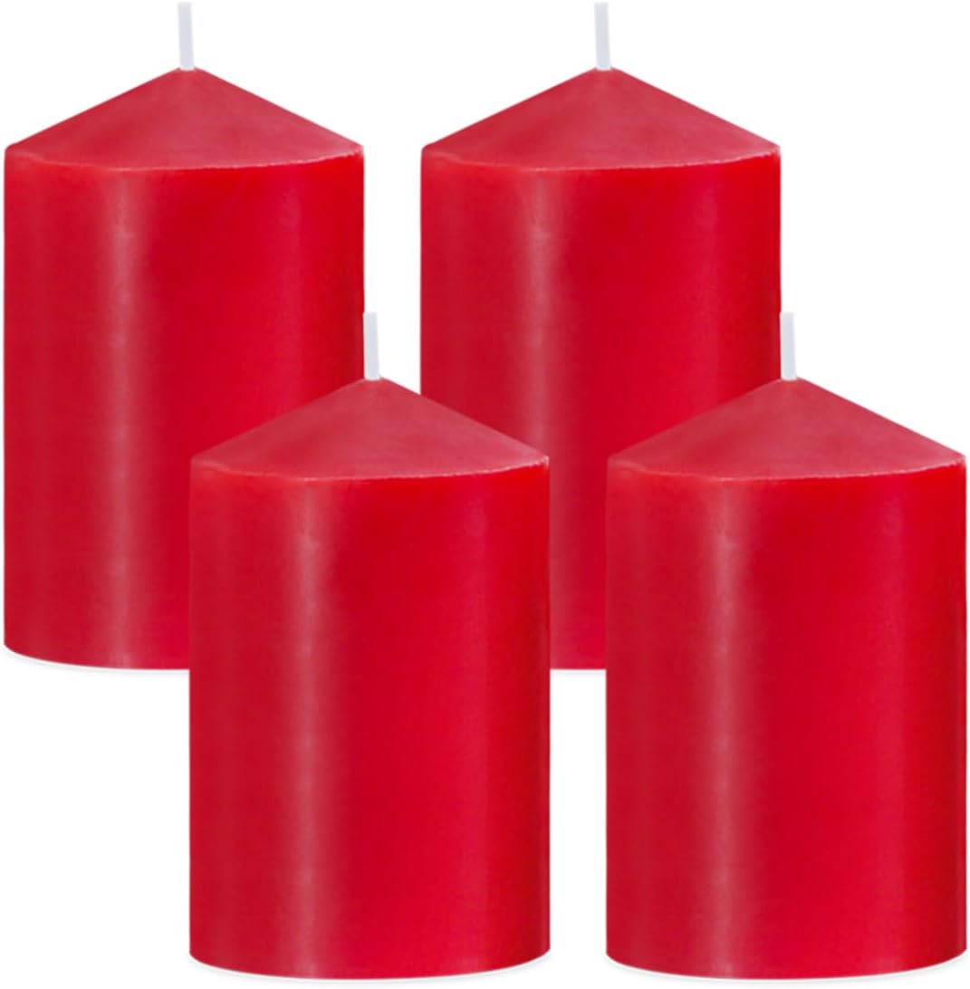 Set of 4 2x3 Inch Red Pillar Candles, Small Unscented Dripless Solid Colored Cylinder Column Candles for Home Party Holiday Dinner Table Decoration - 24 Hour Burning Time
