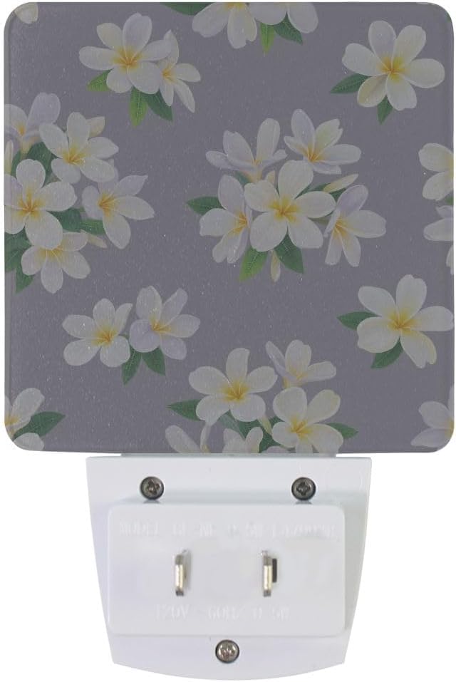 Plug-in LED Night Light Lamp Tropical Plumeria Flowers Printing with Dusk to Dawn Sensor for Bedroom, Bathroom, Hallway, Stairways, 0.5W-2 Pack