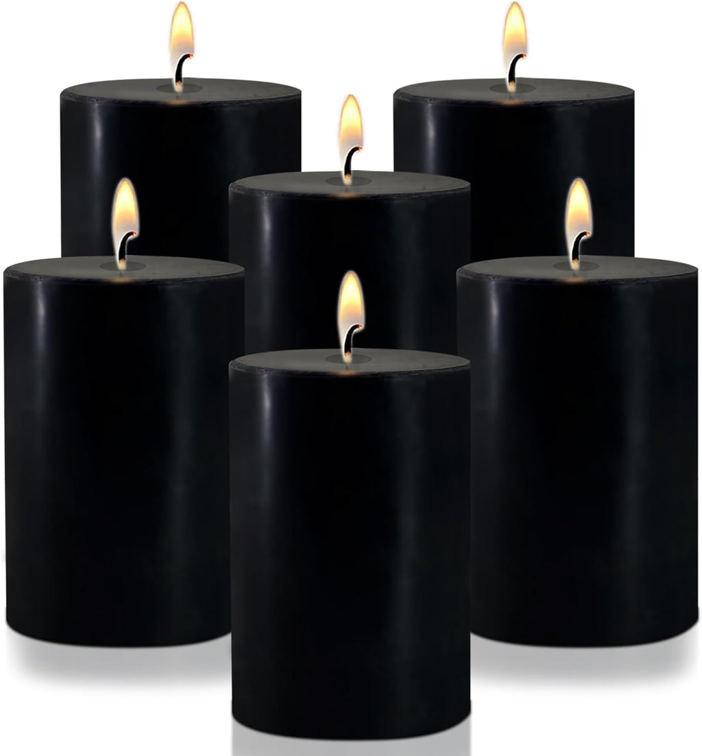 2.75x3.25 Inch Black Pillar Candles Set of 6 - Decorative Unscented, Long Burning Dripless Candle for Home Table Decor, Smokeless Large Pillar Candles for Wedding, Dinner, Halloween, Christmas Decor
