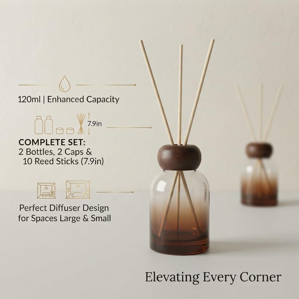 2 Pack 120ml Empty Reed Diffuser Bottles with 10 Reed Sticks, Clear Glass Diffuser Set with Wooden Caps for DIY Home Fragrance, Bathroom, Bedroom and Office (2, Gradient Brown)