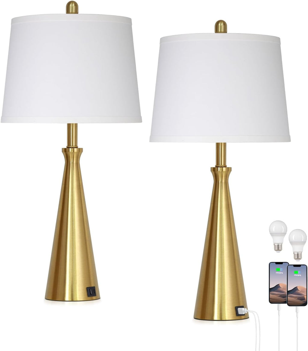 Rinweey 28" Modern Gold Touch Table Lamp Set of 2 for Living Room,Gold Bedside Lamps with USB A+C Ports - Gold Metal Table Lamp Set for Nightstand, End Table - 2 Bulbs Included