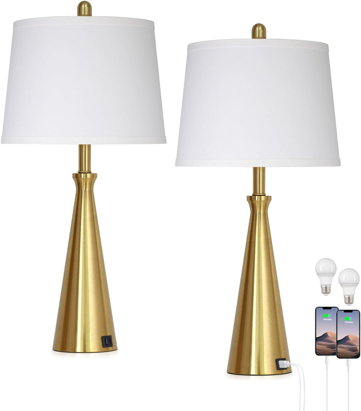 Rinweey 28" Modern Gold Touch Table Lamp Set of 2 for Living Room,Gold Bedside Lamps with USB A+C Ports - Gold Metal Table Lamp Set for Nightstand, End Table - 2 Bulbs Included