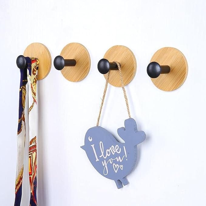 4Pack Decoration Wood Wall Hook Coat Hooks for Hanging Adhesive Waterproof Wall Hook Clothes Bag Key Hanger Hook Bedroom Kitchen Bathroom Door Robe Towel Hooks- Black